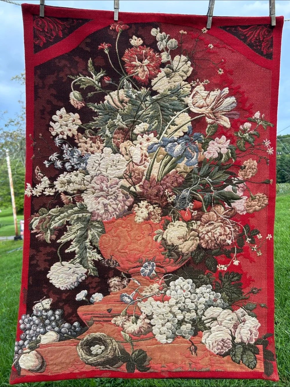 Vintage Corona Decor Co. Tapestry Wall Hanging #3655 Burgundy Urn With Flowers